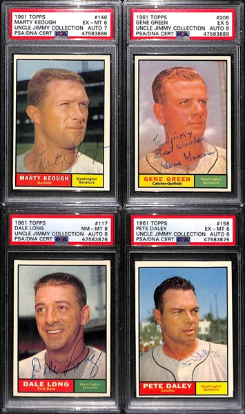 Lot of (4) Signed 1961 Topps Baseball Cards w. Marty Keough, Gene Green, Dale Long, Pete Daley 