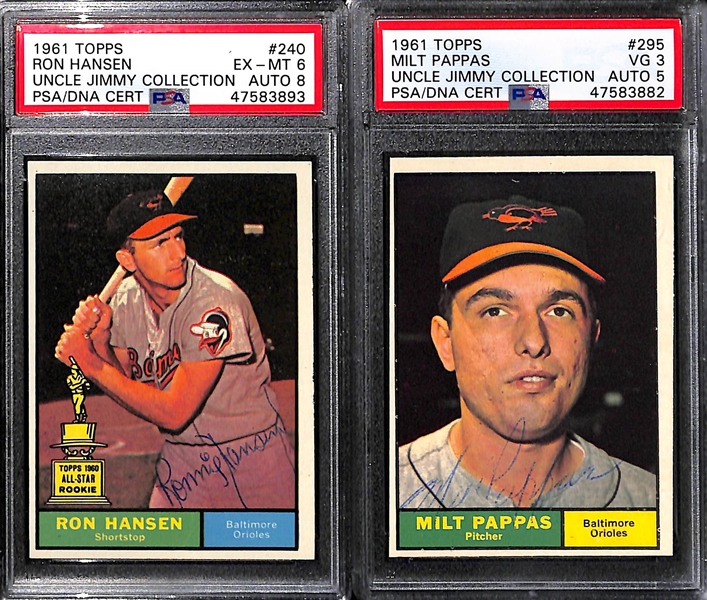 Lot of (5) Signed 1961 Topps Baseball Cards w. Jackie Brandt, Ron Hansen, Milt Pappas, Don Mossi, Russ Snyder