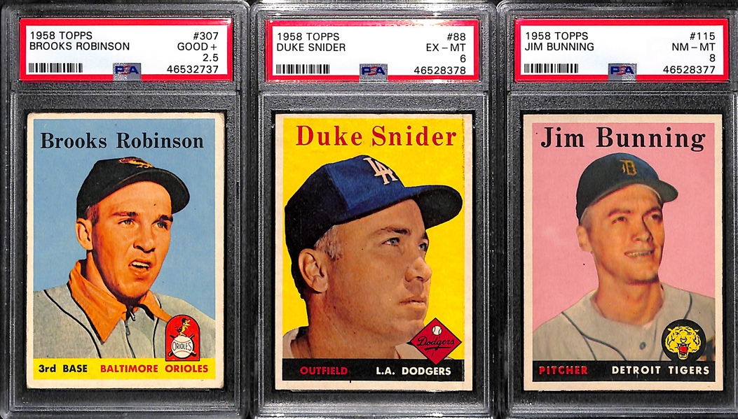 Lot of (3) Graded 1958 Topps Baseball Cards w. Brooks Robinson, Jim Bunning, and Duke Snider