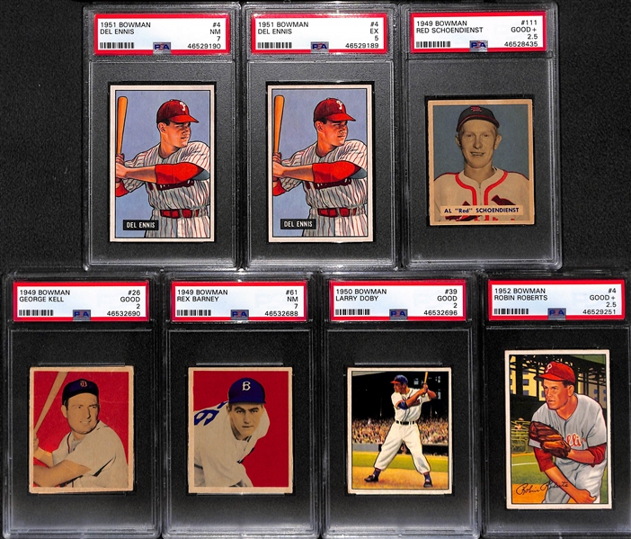 Lot of (7) Graded 1949-1952 Bowman Baseball Cards w. (2) Del Ennis, Schoendienst, Kell, Barney, Doby, Roberts 