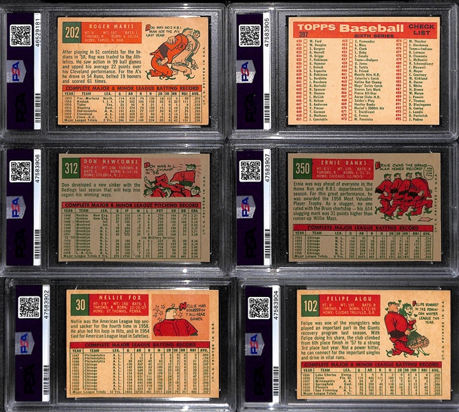 Lot of (6) Graded 1959 Topps Baseball Cards w. Nellie Fox, F. Alou, Ernie Banks, Newcombe, Roger Maris, +