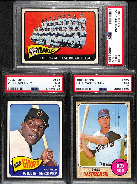 Lot of (3) 1965-1968 PSA Graded Topps Baseball Cards w. Yankees Team, Willie McCovey, and Carl Yastrzemski