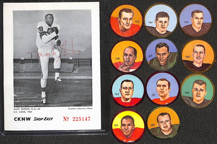 Lot of (11) Different 1963 Nalley's Canadian Football Coins & Mack Burton Signed CKNW Program Insert