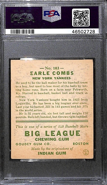 1933 Goudey Earle Combs #103 PSA 4 (Autograph Grade 9) - Pop 1 - Highest Grade of Only 8 PSA Examples - (d.1976)