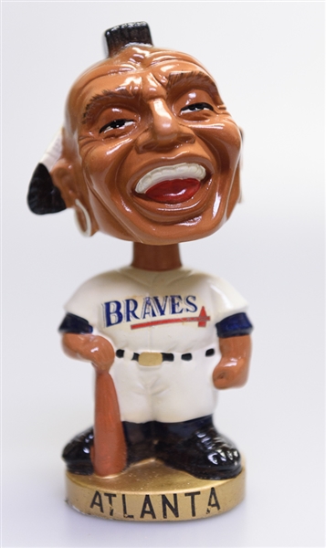 Late 1960s Atlanta Braves Gold Circle Base Braves Mascot Head Chief Nok-A-Homa Bobble Head w. Original Box