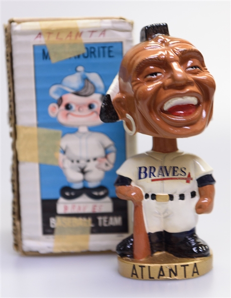 Late 1960s Atlanta Braves Gold Circle Base Braves Mascot Head Chief Nok-A-Homa Bobble Head w. Original Box