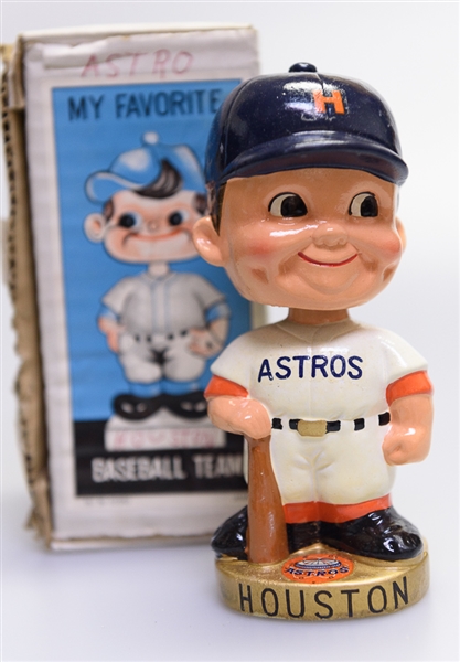 Late 1960s Houston Astros Gold Circle Base Boy Head Blue Hat Bobble Head w. Original Box