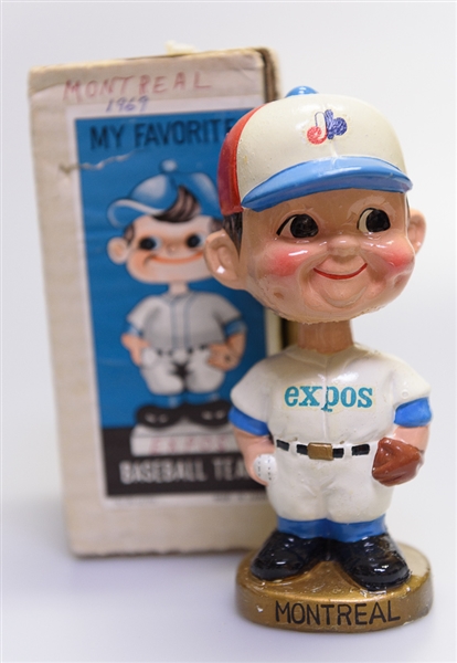 Late 1960s Montreal Expos Gold Circle Base Boy Head Bobble Head w. Original Box