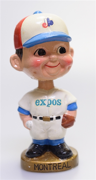Late 1960s Montreal Expos Gold Circle Base Boy Head Bobble Head w. Original Box