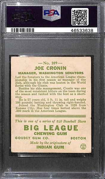 1933 Goudey Joe Cronin #109 PSA 4.5 (Autograph Grade 7) - Pop 1 - Highest Grade of Only 9 PSA Examples - (d. 1984)