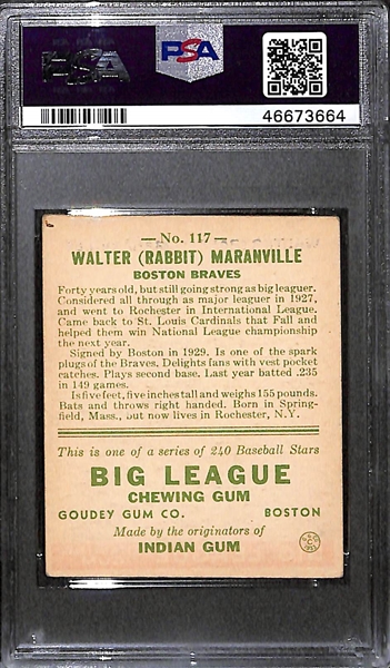 1933 Goudey Rabbit Maranville #117 PSA 4 (Autograph Grade 6) - Pop 2 - Highest Grade of Only 9 PSA Examples - (d. 1954) 