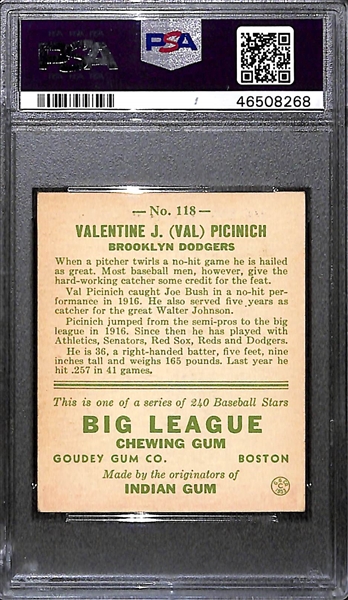 1933 Goudey Val Picinich #118 PSA 6 (Autograph Grade 7) - Pop 1 - Highest Grade of Only 2 PSA Examples - (d. 1942) 