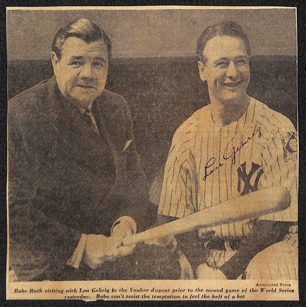 Eleanor Gehrig Penned Lou Gehrig Newspaper Clip Showing Lou & Babe Ruth (JSA LOA Indicates Mrs. Gehrig Signed Lou's Name)