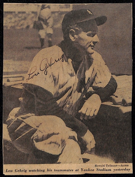 Eleanor Gehrig Penned Lou Gehrig Newspaper Clip Showing Lou in the Dugout (JSA LOA Indicates Mrs. Gehrig Signed Lou's Name)