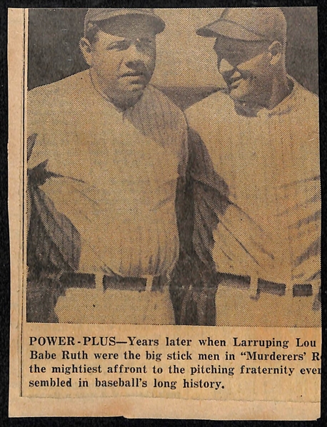 Eleanor Gehrig Penned Lou Gehrig Newspaper Clip Showing Lou in the Dugout (JSA LOA Indicates Mrs. Gehrig Signed Lou's Name)