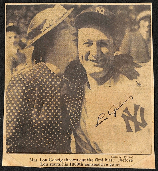 Eleanor Gehrig Penned Lou Gehrig Newspaper Clip Showing Lou & Elanor (JSA LOA Indicates Mrs. Gehrig Signed Lou's Name)