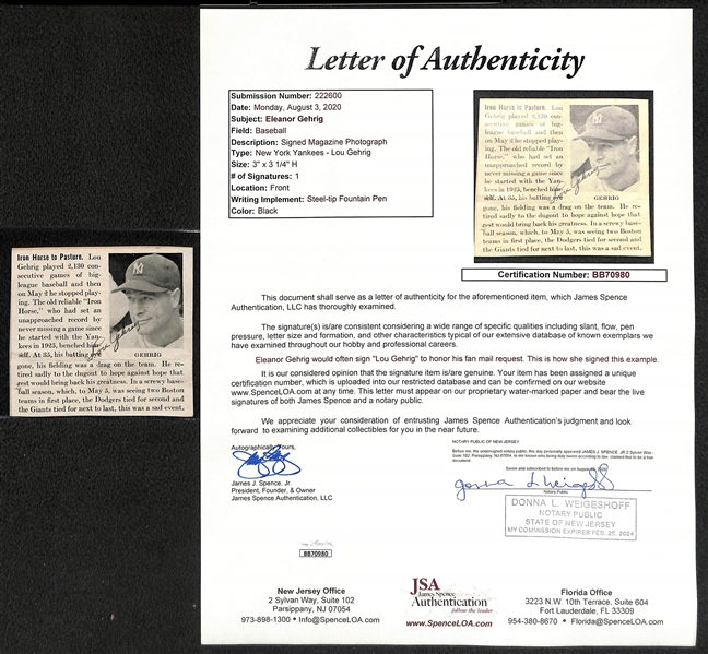 Eleanor Gehrig Penned Lou Gehrig Newspaper Or Magazine Clip (JSA LOA Indicates Mrs. Gehrig Signed Lou's Name)