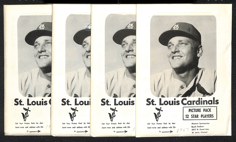 Lot of (4) 1967 St. Louis Cardinals Team Souvenir Picture Packs (12) 5x7 Photo Cards Per Set w. Maris, Gibson, Brock, Cepeda, Schoendienst