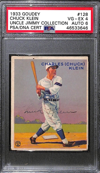 1933 Goudey Chuck Klein #128 PSA 4 (Autograph Grade 6) - Pop 1 - Highest Grade of Only 3 PSA Examples - (d. 1958) 