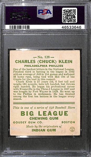 1933 Goudey Chuck Klein #128 PSA 4 (Autograph Grade 6) - Pop 1 - Highest Grade of Only 3 PSA Examples - (d. 1958) 