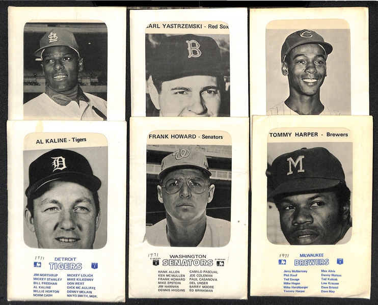 Lot of (6) 1971 Team Souvenir Photo Packs (Cardinals, Red Sox, Cubs, Brewers, Tigers, Senators) - 12 Photo Cards Per Set (72 Total)
