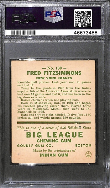 1933 Goudey Fred Fitzsimmons #130 PSA 4 (Autograph Grade 8) - Pop 2 - Highest Grade of Only 15 PSA Examples - (d. 1979)