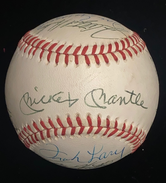 Baseball Old Timers Signed OAL Baseball (13 Signatures) w. Mantle, B. Marting, Catfish Hunter, Joe Garagiola, Mel Allen, + JSA Auction Letter