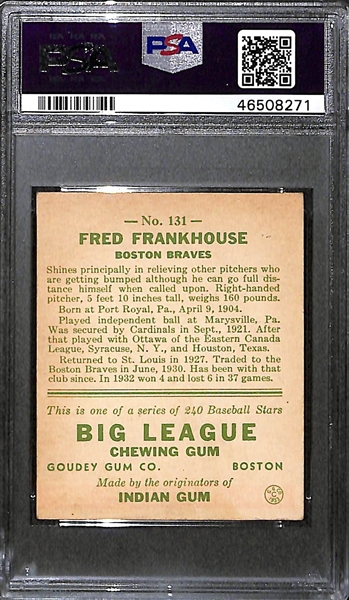 1933 Goudey Fred Frankhouse #131 PSA 5 (Autograph Grade 8) - Pop 1 - Highest Grade of Only 14 PSA Examples - (d. 1989)