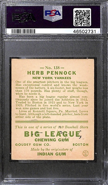 1933 Goudey Herb Pennock #138 PSA 5 MK (Autograph Grade 7) - Pop 1 - Highest Grade of Only 4 PSA Examples - (d. 1948)