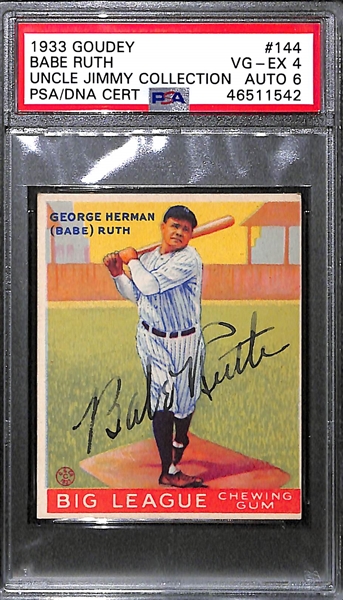 1933 Goudey Babe Ruth #144 PSA 4 (Autograph Grade 6) - Pop 2 - Highest Grade of Only 6 PSA Examples - (d. 1948) - Includes JSA LOA