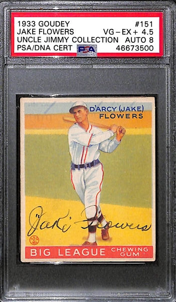 1933 Goudey Jake Flowers #151 PSA 4.5 (Autograph Grade 8) - Pop 2 - Highest Grade of Only 3 PSA Examples - (d. 1962)