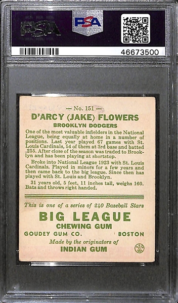 1933 Goudey Jake Flowers #151 PSA 4.5 (Autograph Grade 8) - Pop 2 - Highest Grade of Only 3 PSA Examples - (d. 1962)