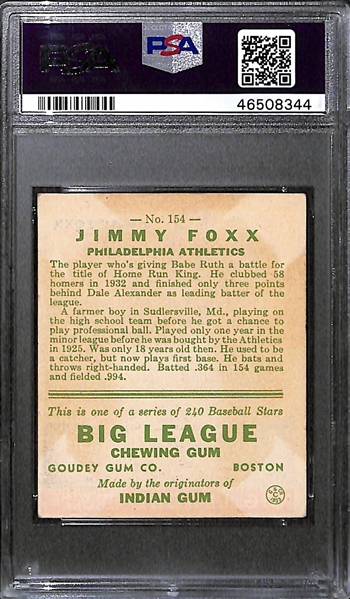 1933 Goudey Jimmie Foxx #154 PSA 2 (Autograph Grade 6) - Only 5 PSA/DNA Exist w. Only 3 Graded Higher! (d. 1967)