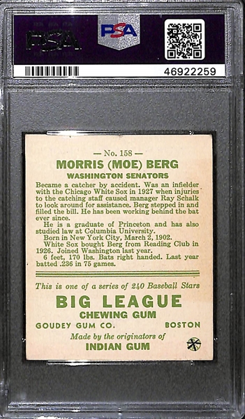 1933 Goudey Moe Berg (WW2 Spy) #158 PSA 5 MK (Autograph Grade 7) - Pop 1 - Highest Grade of Only 4 PSA Examples - (d. 1972)