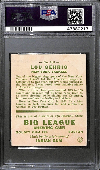 1933 Goudey Lou Gehrig #160 PSA 2.5 (Autograph Grade 8) - Pop 1 - Highest Grade of Only 3 PSA Examples - (d. 1941)
