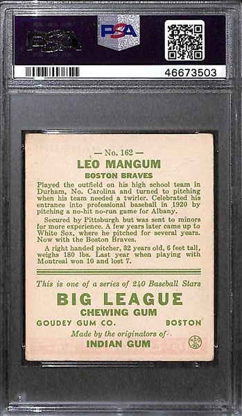 1933 Goudey Leo Mangum #162 PSA 1 (Autograph Grade 8) - Only 4 PSA/DNA Exist w. Only 1 Graded Higher! (d. 1974) 