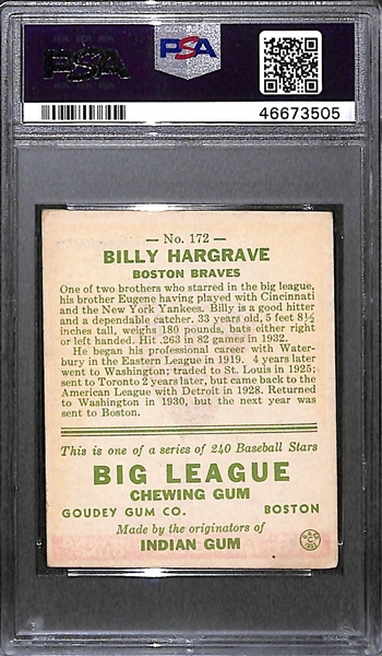 1933 Goudey Billy Red Hargrave #172 PSA 4 (Autograph Grade 10) - Pop 1 - Highest Grade of Only 2 PSA Examples - (d. 1942)