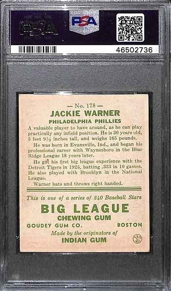 1933 Goudey Jackie Warner #178 PSA 5 (Autograph Grade 9) - Pop 1 - Highest Grade of Only 4 PSA Examples - (d. 1986) 