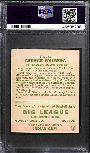 1933 Goudey Rube Walberg #183 PSA 5 (Autograph Grade 7)  - Pop 2 - Highest Grade of Only 7 PSA Examples - (d. 1978) 