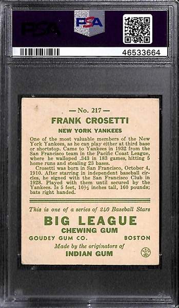 1933 Goudey Frank Crosetti #217 PSA 4 (Autograph Grade 10) - Pop 2 - Highest Grade of Only 9 PSA Examples - (d. 2002)