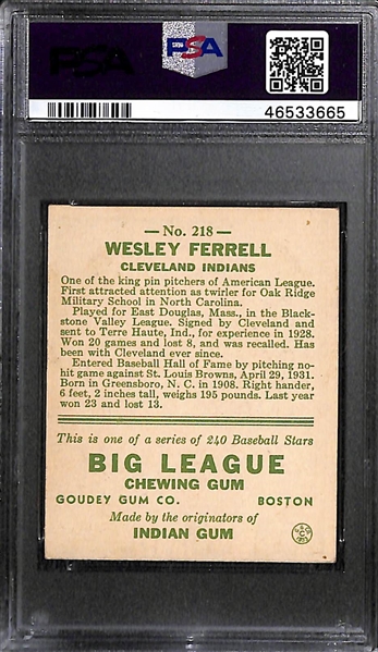 1933 Goudey Wes Ferrell #218 PSA 5 (Autograph Grade 9) - Pop 1 - Highest Grade of Only 8 PSA Examples - (d. 1976) 