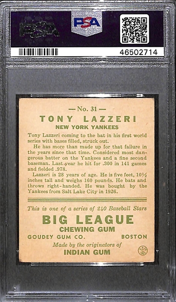 1933 Goudey Toni Lazzeri #31 PSA 4 (Autograph Grade 8) - Pop 1 - Highest Grade of Only 7 PSA Examples - (d. 1946) 