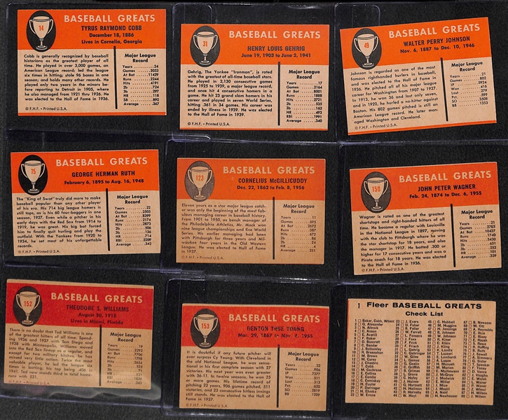 1961 Fleer Baseball Greats Near Complete Set (153 of 154 cards  - only missing #54 Tony Lazzeri), Includes Ruth, Cobb, Gehrig, Williams - Many Pack Fresh Cards