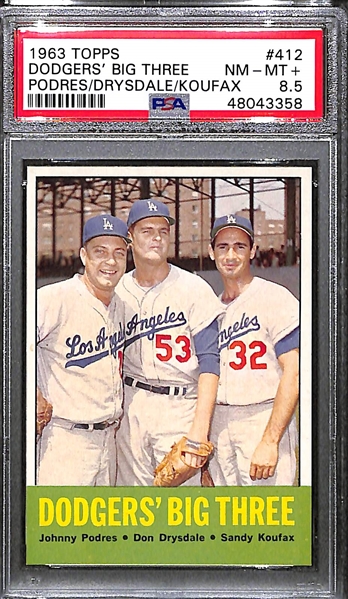 1963 Topps Dodger's Big Three (Koufax, Drysdale, Podres) #412 Graded PSA 8.5