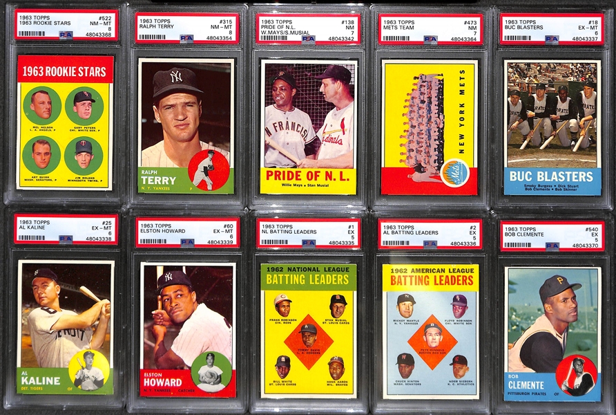 1963 Topps Baseball Card Near Complete Set (Mostly Pack Fresh!)  Missing Only 10 Cards Listed Above - Includes 23 PSA Graded Cards