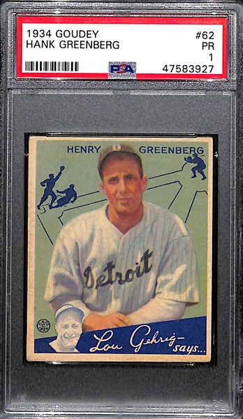 1934 Goudey Hank Greenberg Rookie Card #62 Graded PSA 1 
