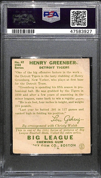 1934 Goudey Hank Greenberg Rookie Card #62 Graded PSA 1 