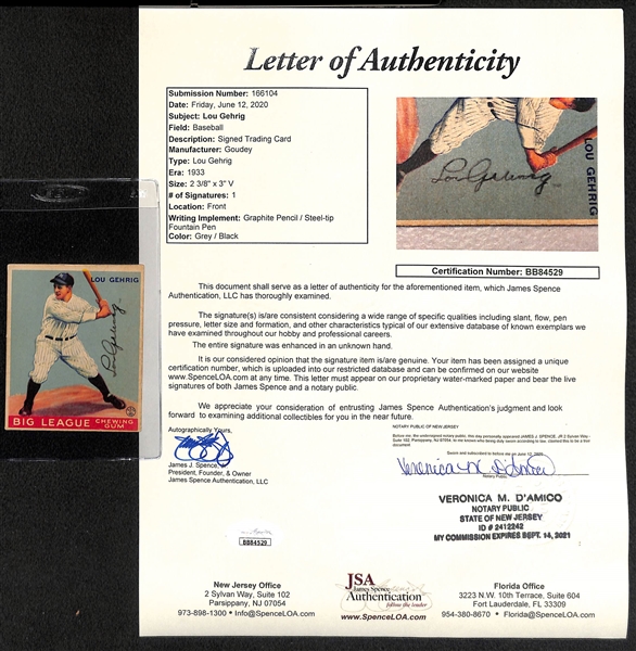 1933 Goudey Lou Gehrig #92 Autographed by Lou Gehrig (Signature Has Been Enhanced/Traced) - JSA LOA