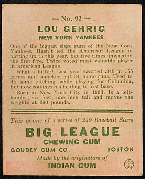 1933 Goudey Lou Gehrig #92 Autographed by Lou Gehrig (Signature Has Been Enhanced/Traced) - JSA LOA