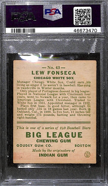 1933 Goudey Lew Fonseca #43 PSA 5 (Autograph Grade 9) - Pop 1 - Highest Grade of 14 PSA Examples - (d.1989) 